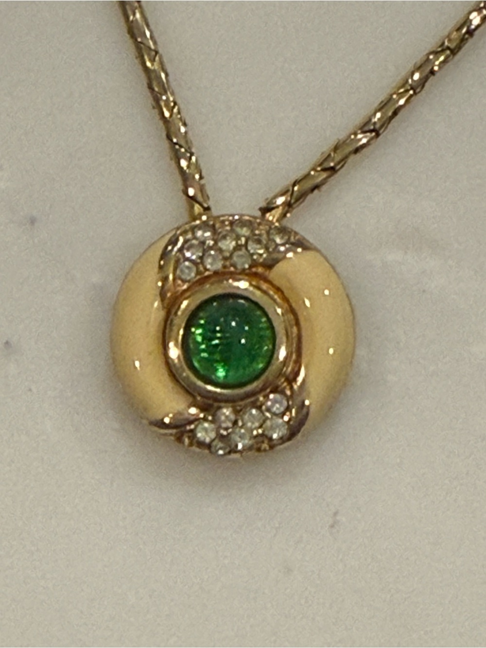 Dior Gold-Tone Necklace with Green Center Gem and Clear Accents